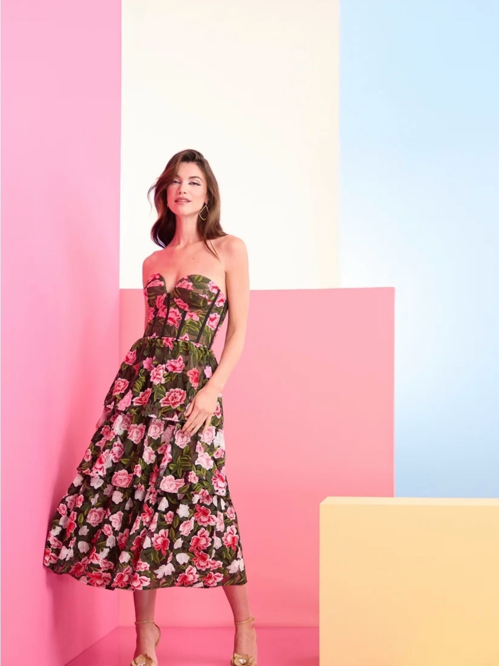 Dress the Population Teigan Floral Embroidered Strapless Cocktail Dress Sz - XS
